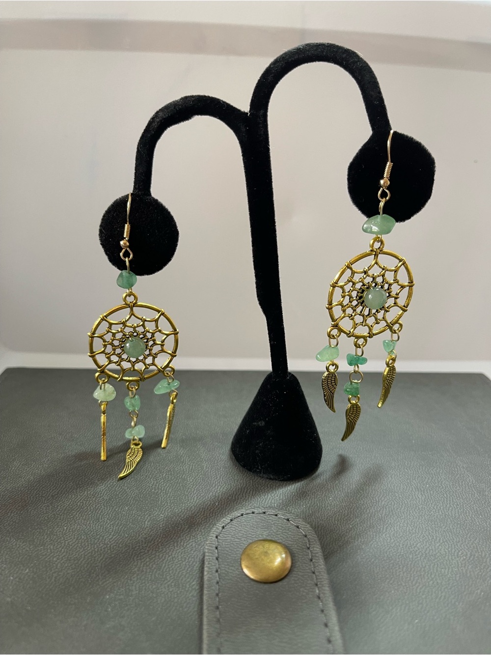 Gold-Tone Dreamcatcher Dangle Earrings with Mint Accents